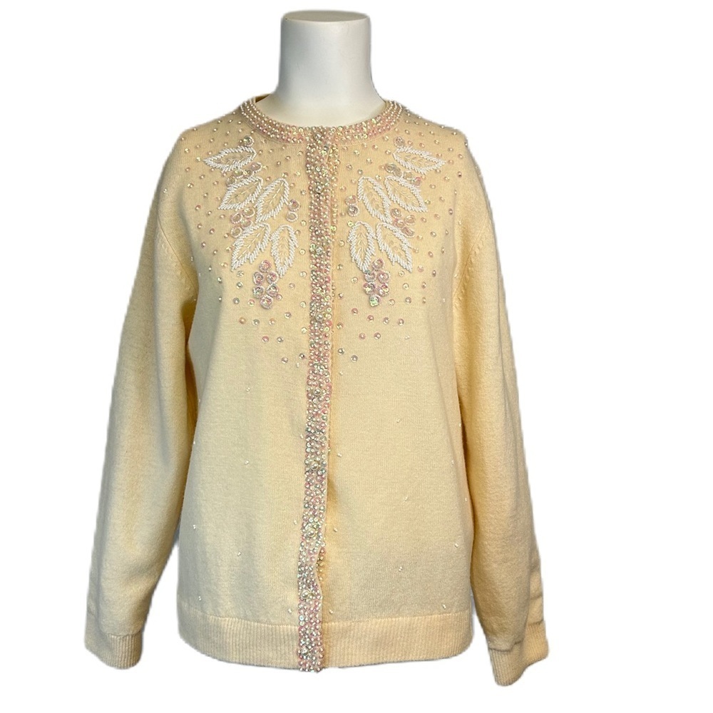 Vintage Wool Blendโ Cardigan Sweater Sequins Bead Embellished Ivory Grandmother
